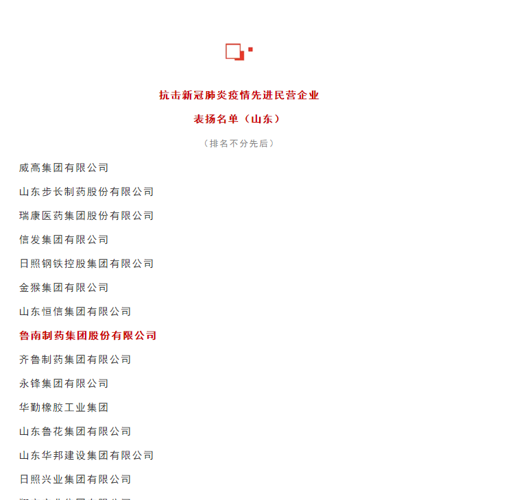 鲁南制药入选全国工商联“抗击新冠肺炎疫情先进民营企业”